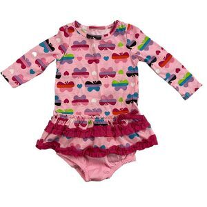 Buster Brown Dress Girls Size 3-6M VTG Pink Butterfly All Over Print Ruffle Bow